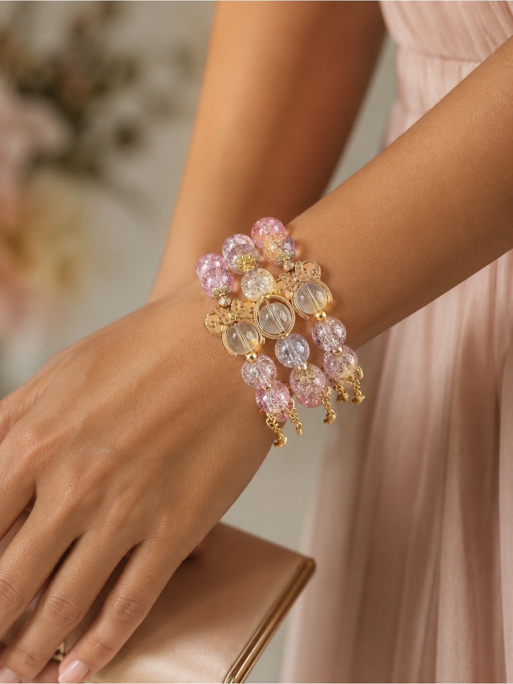 Set of 3 - Delicate Pink Glass Beads Stretch Bracelets